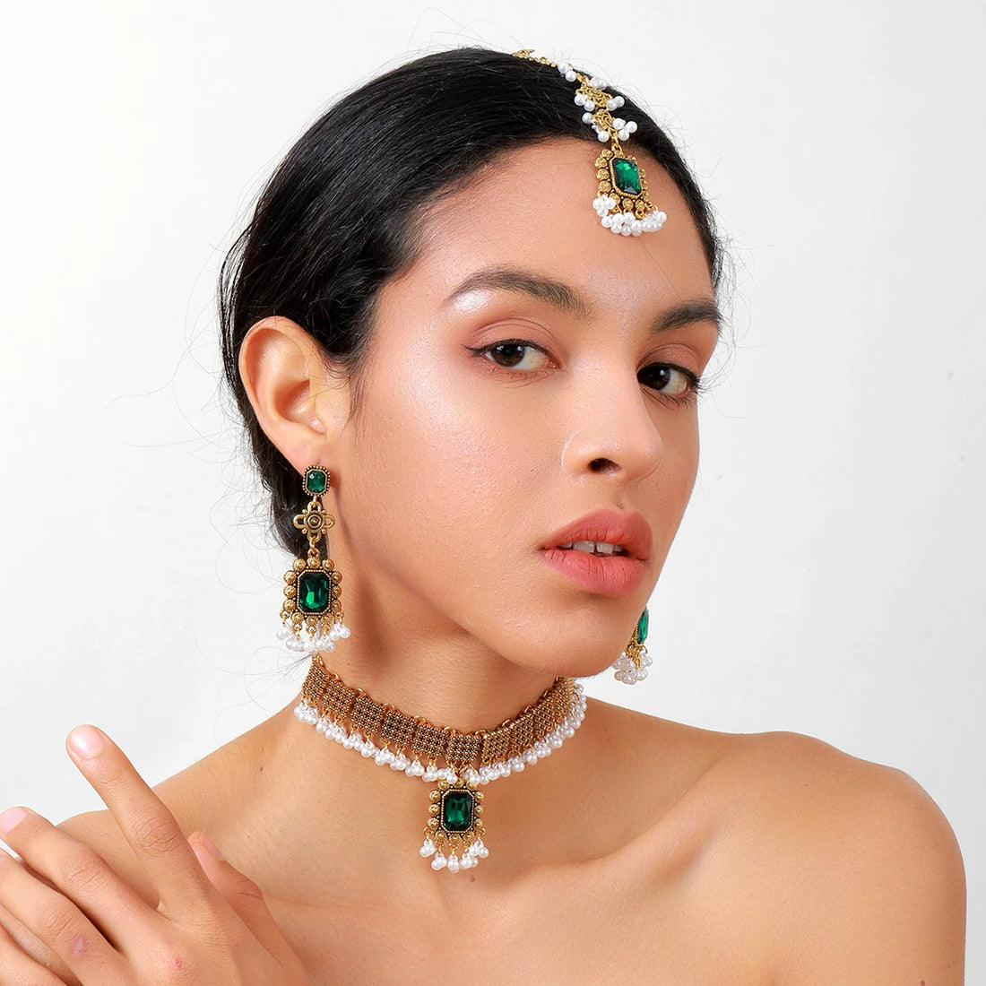 New Dubai Jewelry Set Earring for Women Bridal Wedding Accessories Vintage Geometric Crystal Necklace Forehead Headdress
