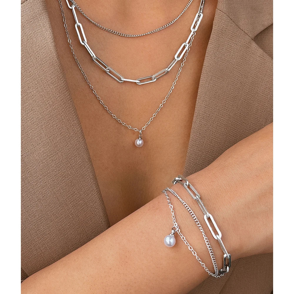 Aomogo Stainless Steel Jewelry Set Delicate Pearl Pendant Jewelry Set Luxury Multi-Layer Chain Jewelry Set For Women Jewelry