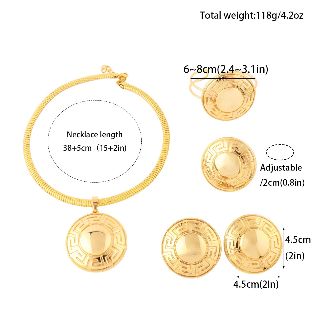 Dubai Luxury Gold Plated Jewelry Set for Women Wedding Nigeria Circle Necklace Earrings Bracelet Ring for Party Gift Daily Dress
