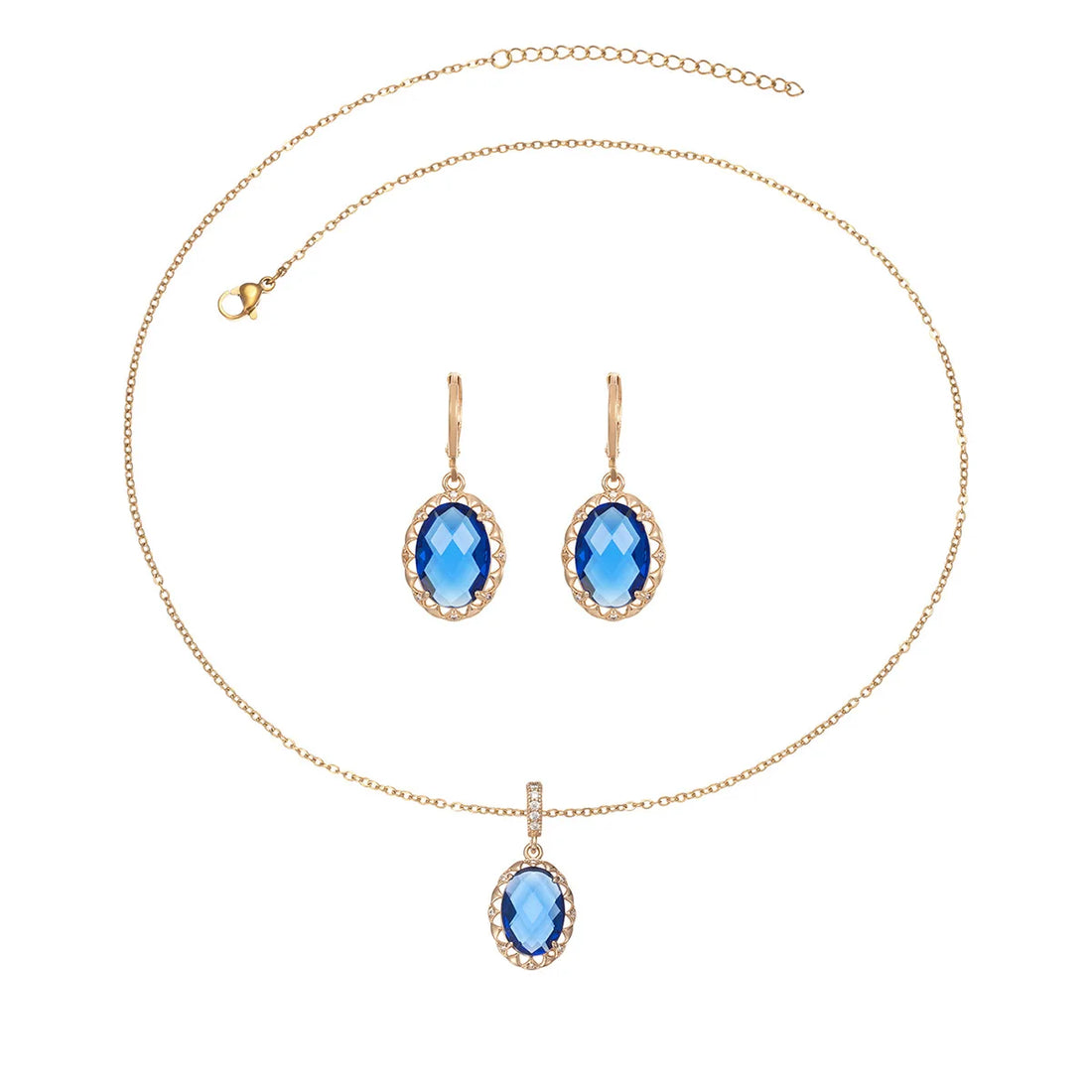 Gold Plated Copper Jewelry Set with Blue Zirconia – Luxury Necklace & Earrings for Women, Elegant Metal Accents